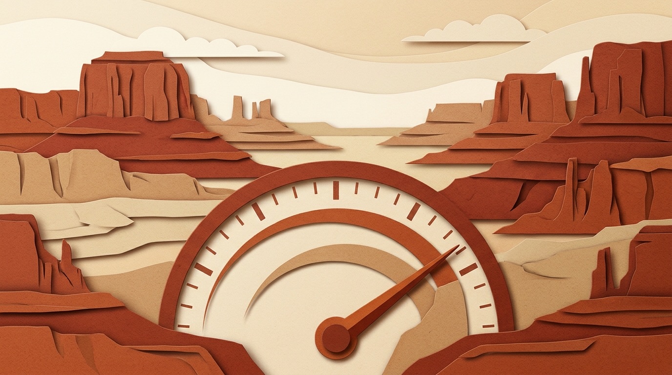 A paper-cut speedometer in front of red rock mesas, its needle swung toward fast